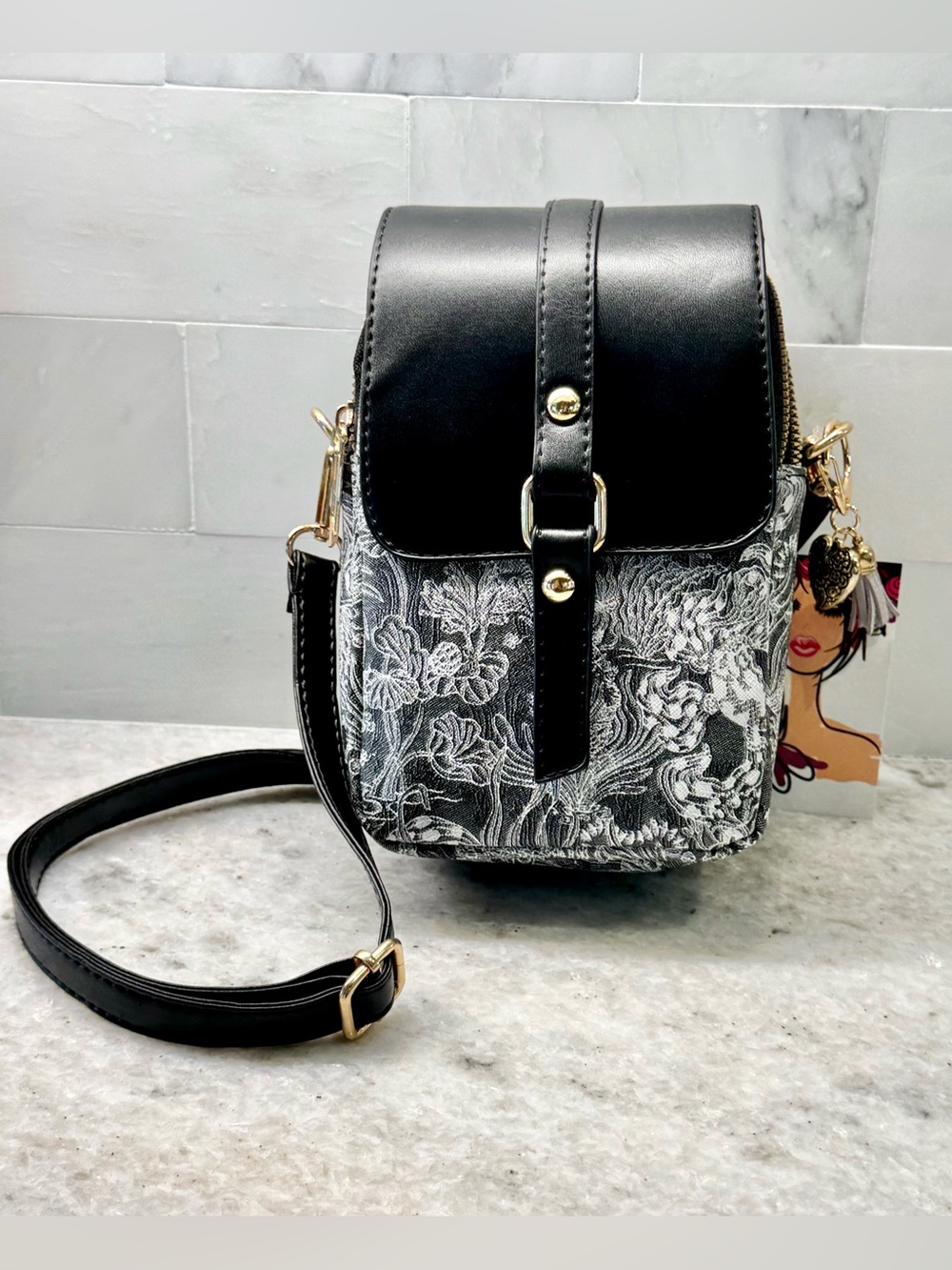 New Black Faux Leather & Abstract Nature Print Crossbody Shoulder Bag Purse